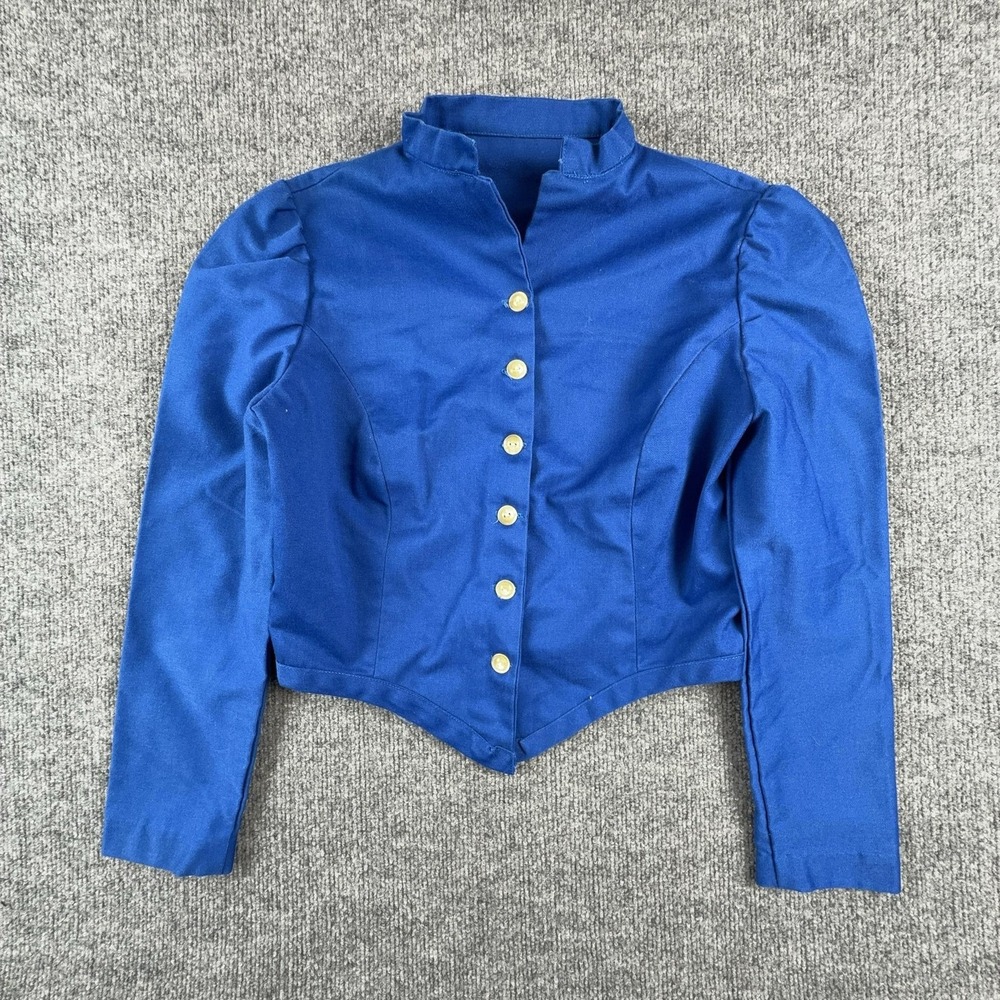 Military Style Blazer Jacket Womens Small Blue Twill Button Front Cropped
